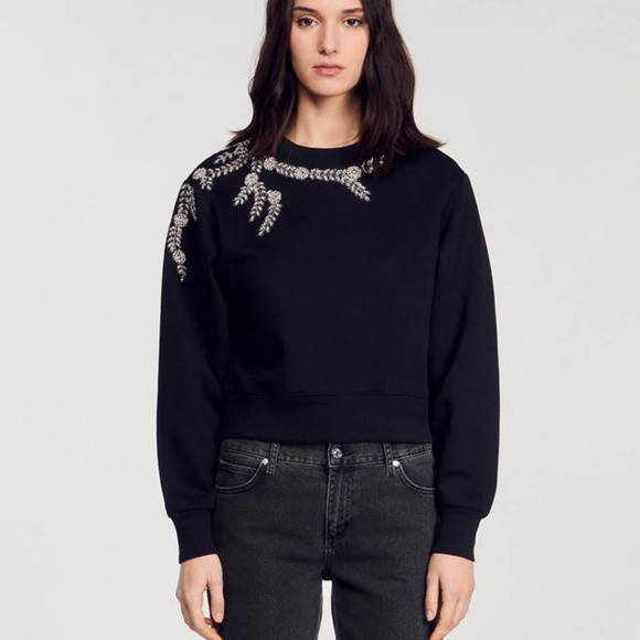 Sandro Rhinestone Embellished Sweatshirt in Black - Picture 1 of 16